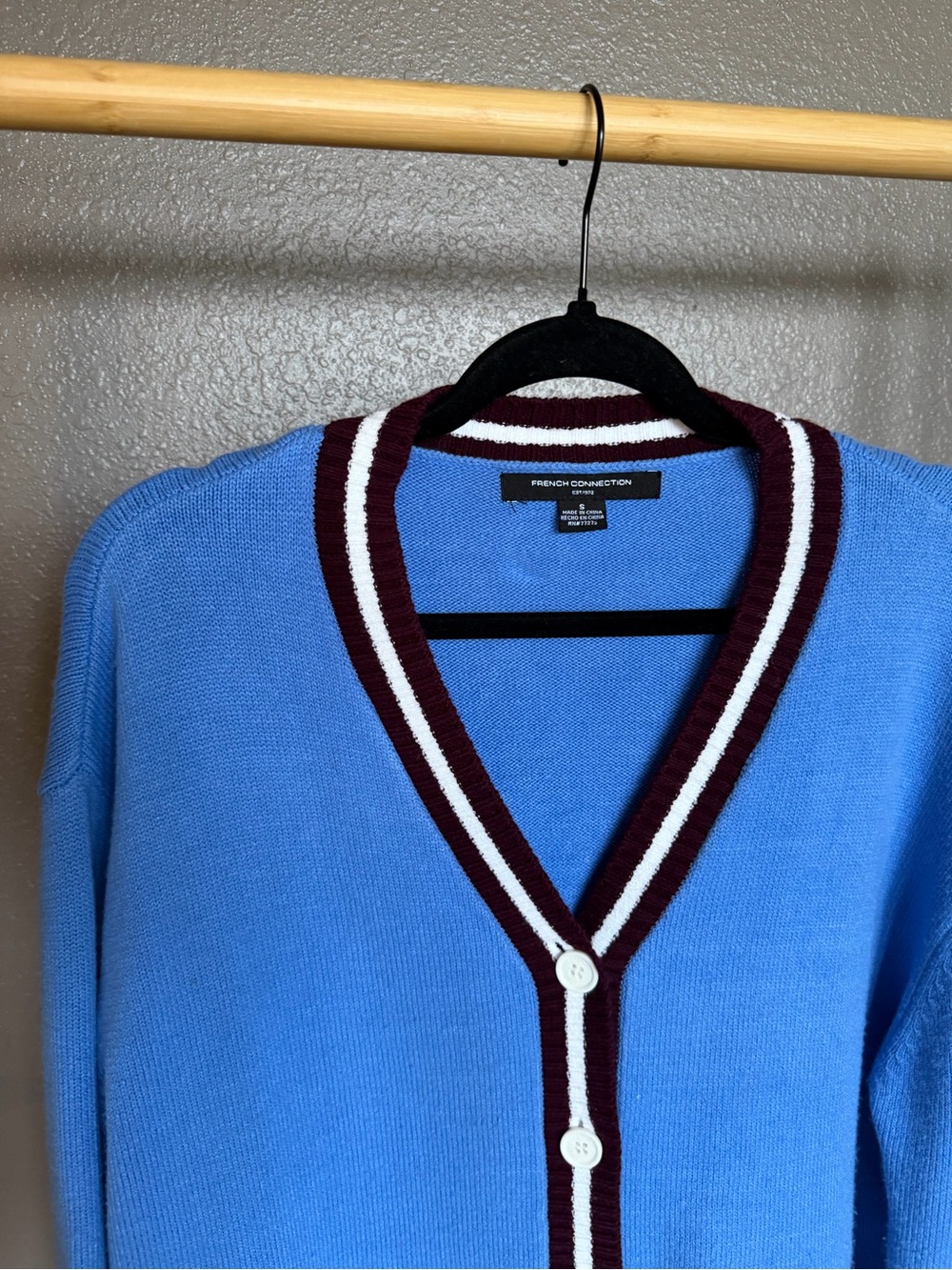 French Connection Blue Cardigan with Maroon and White Trim - Picture 2 of 6
